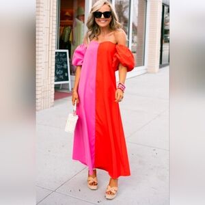 New CROSBY by Mollie Burch Pink and Red Maxi Lily Colorblock Dress Snapdragon